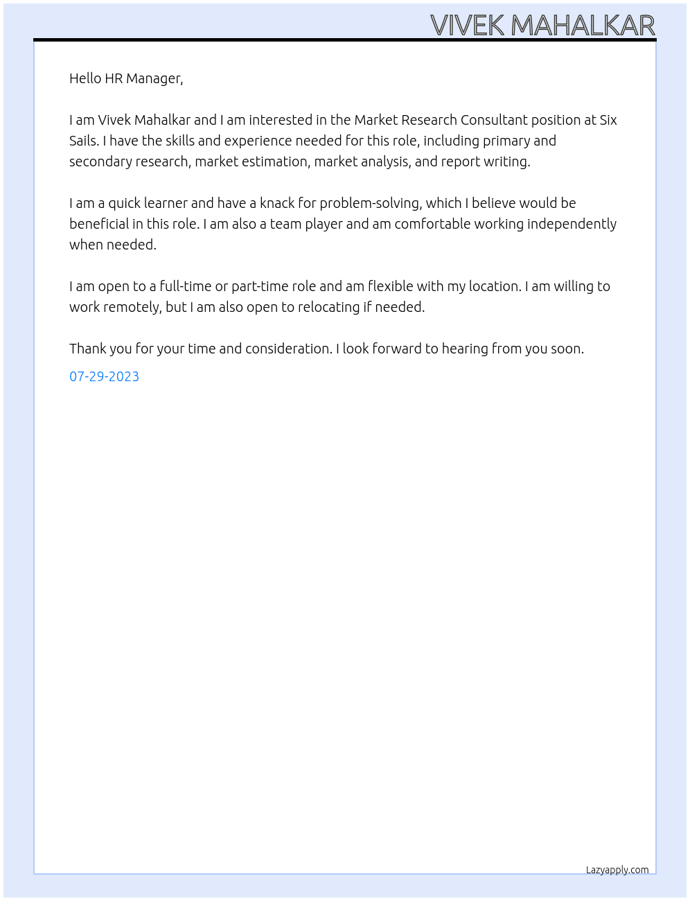 Market Research Consultant At Six Sails Cover Letter