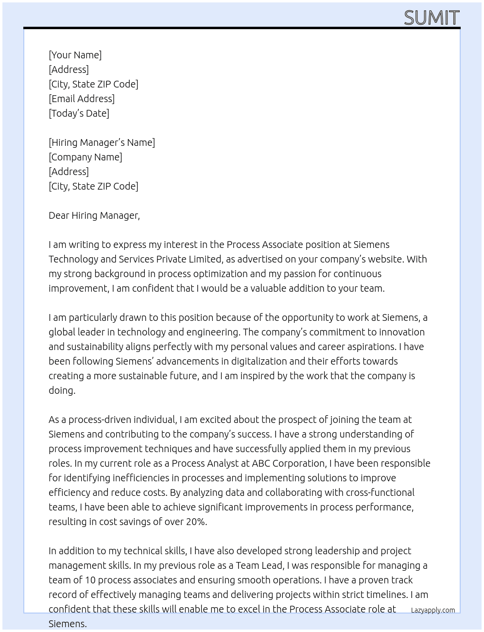 Process Associate At Siemens Technology and Services Private Limited Cover Letter