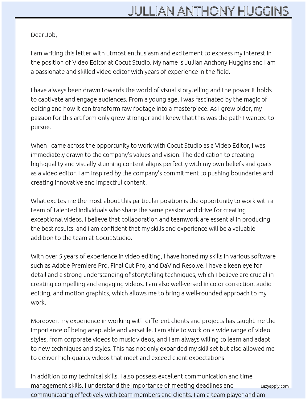 Video editor  At Cocut Studio Cover Letter