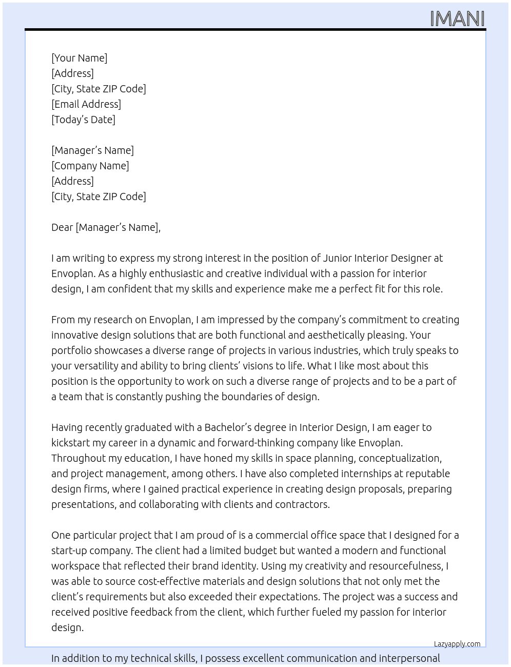 Junior Interior Designer  At Envoplan  Cover Letter