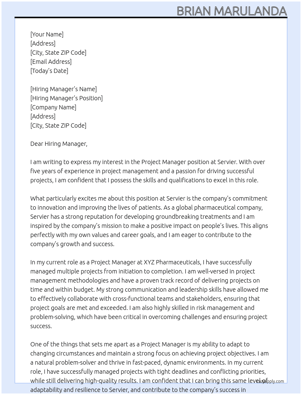 Project Manager At Servier Cover Letter