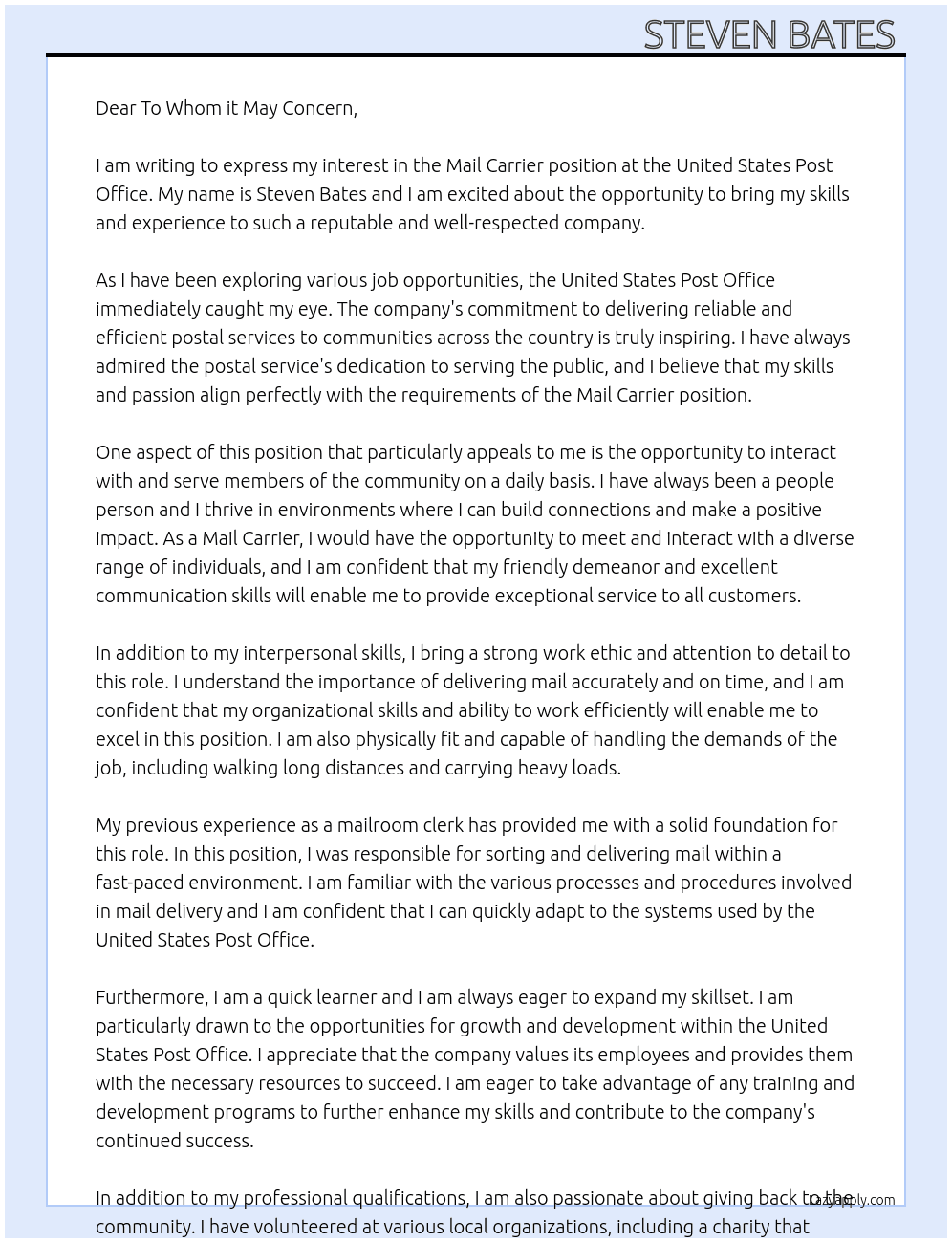 Mail Carrier At United States Post Office Cover Letter