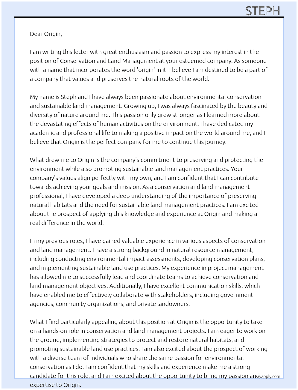 conservation and land management At Origin  Cover Letter