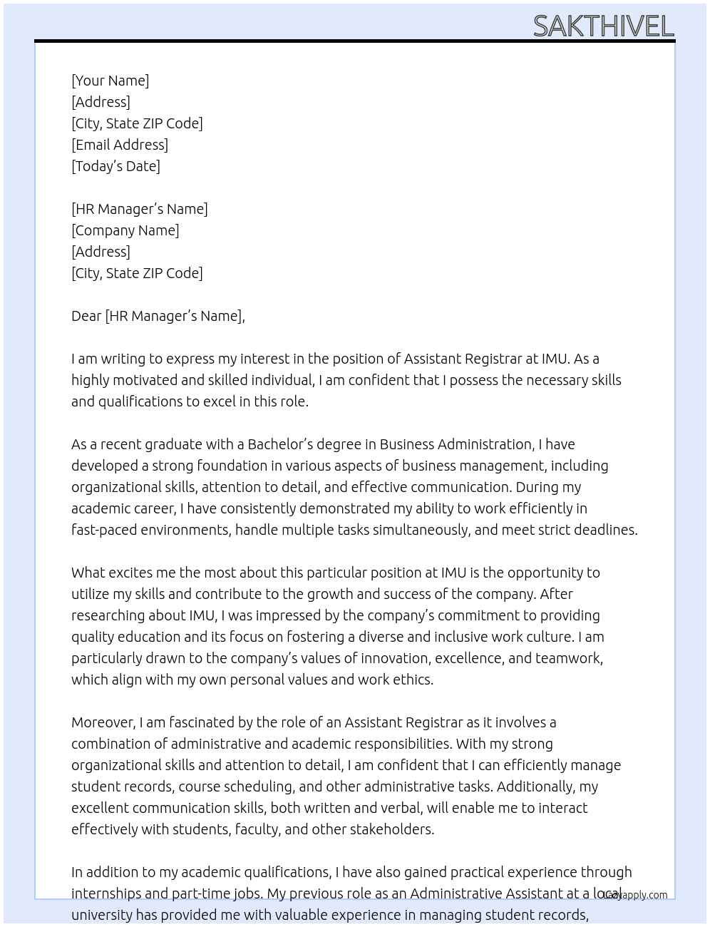 Assistant registrar At IMU Cover Letter