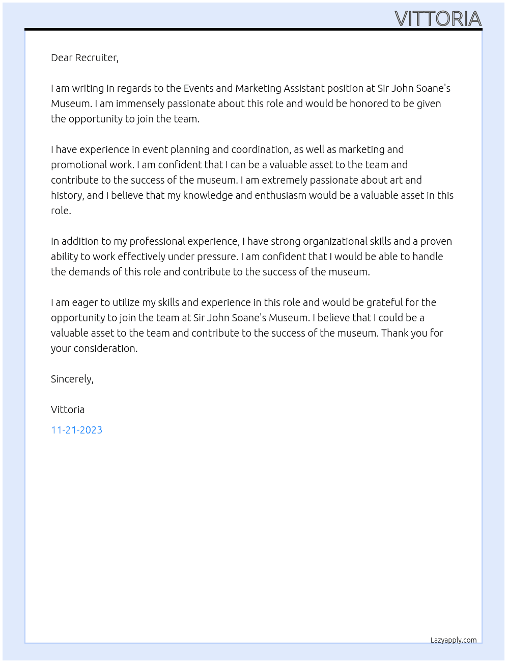 Events and Marketing Assistant  At Sir John Soane's Museum  Cover Letter