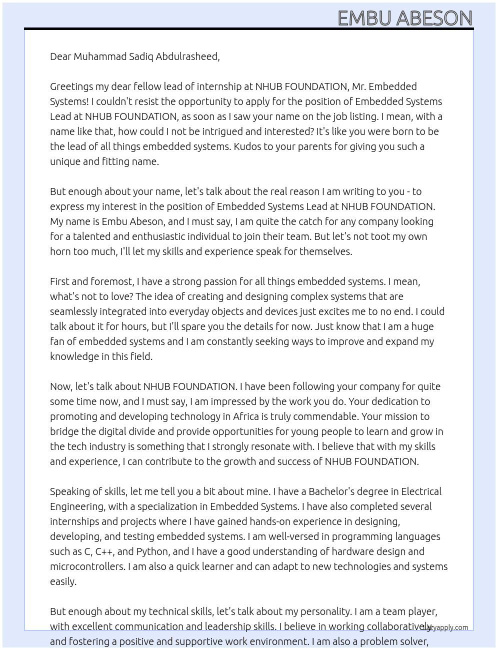 embedded systems At NHUB FOUNDATION Cover Letter