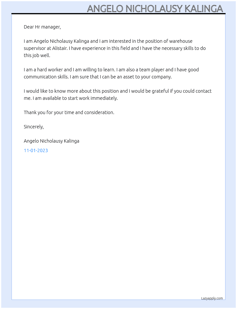 Warehouse supervisor  At Alistair  Cover Letter