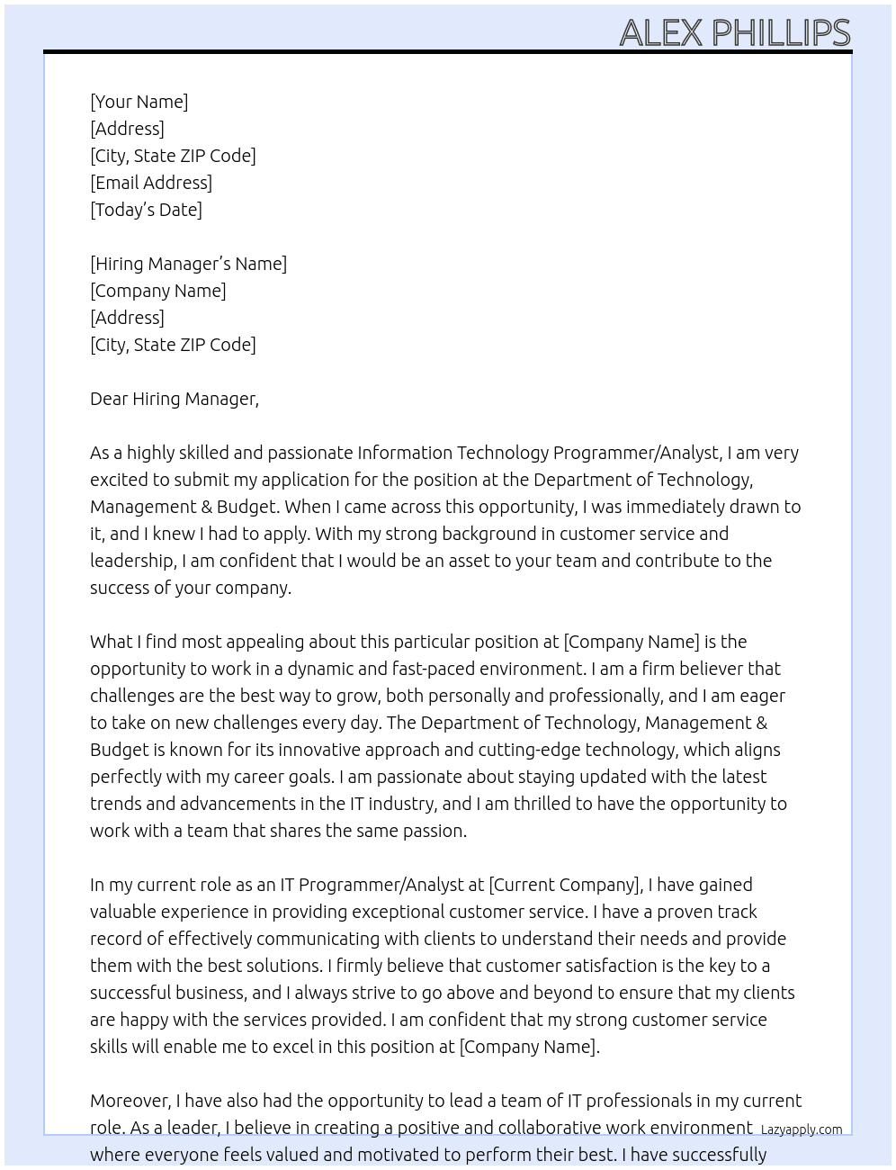 Information Technology Programmer/Analyst At Department of Technology, Management & Budget Cover Letter