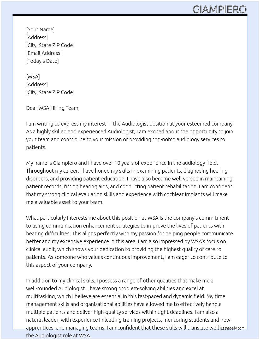Audiologist At WSA Cover Letter