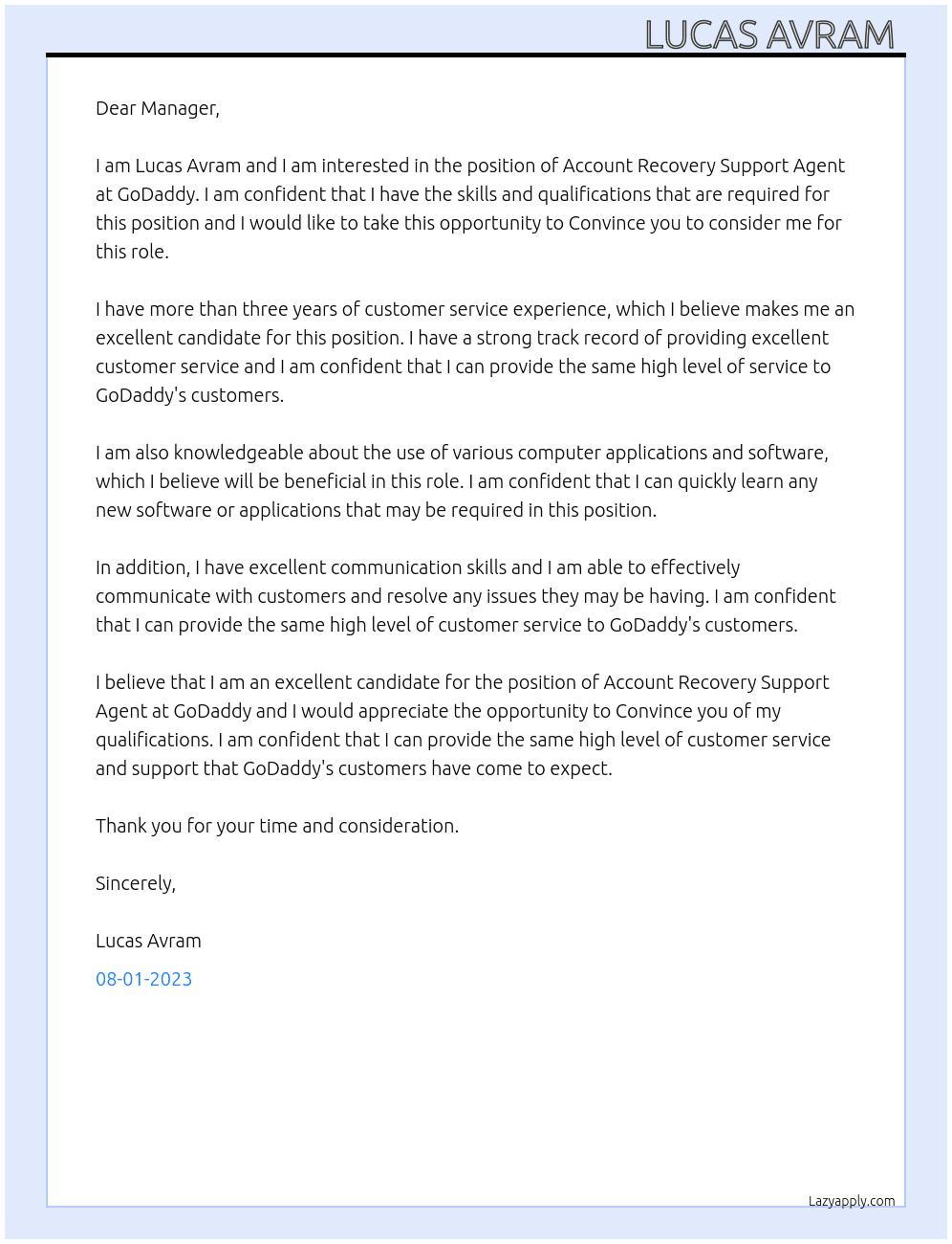 Account Recovery Support Agent At GoDaddy Cover Letter