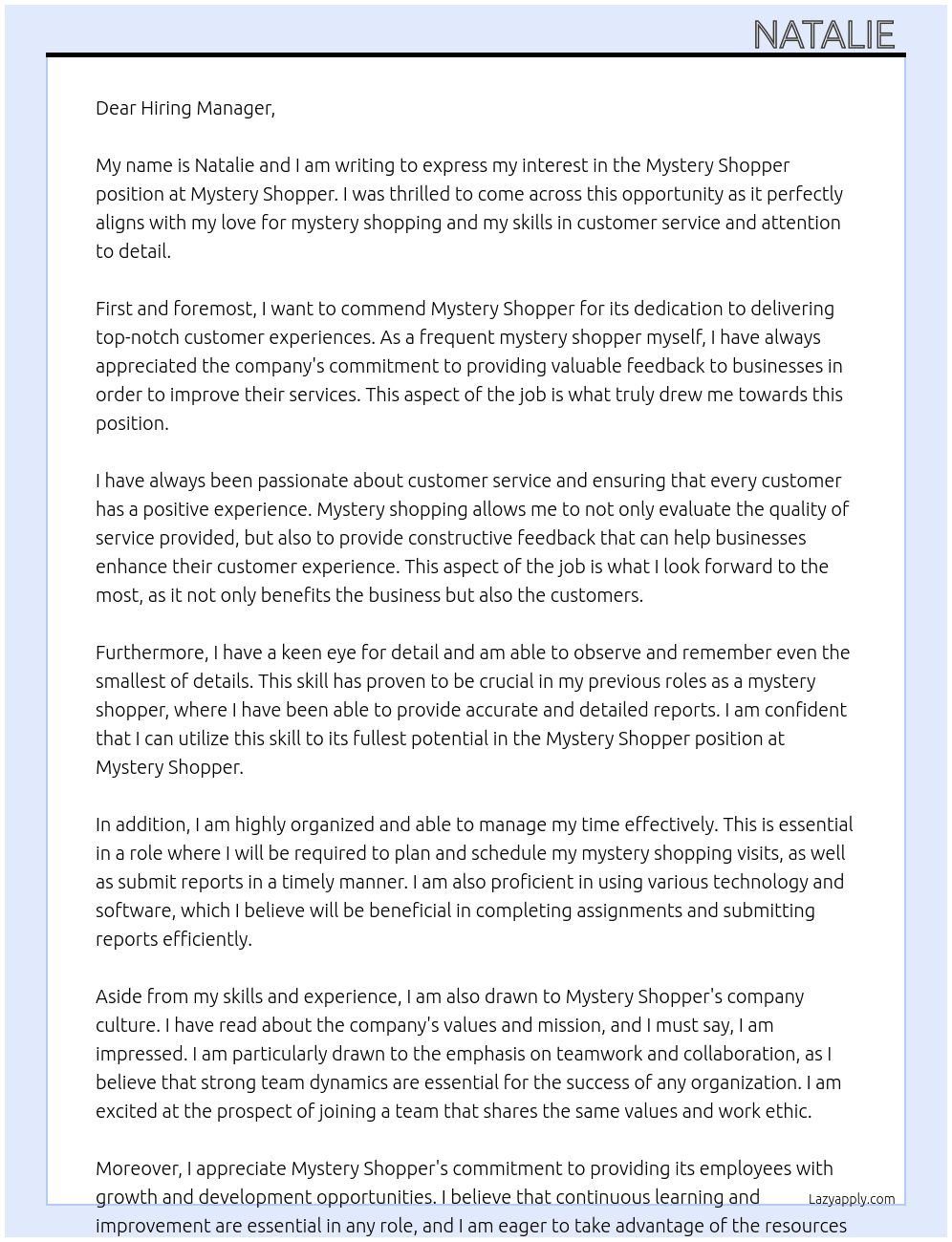 Mystery shopper  At Mystery shopper  Cover Letter