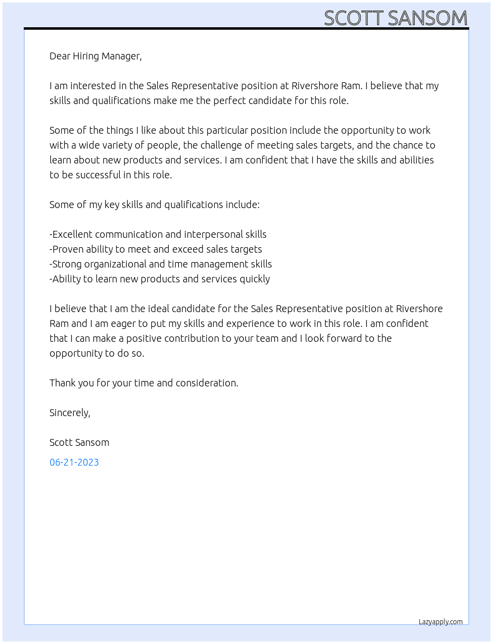 Sales Representative At Rivershore Ram Cover Letter