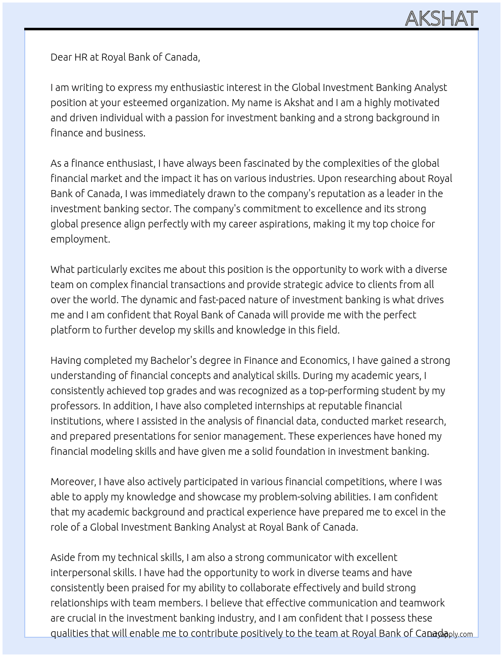 Global Investment Banking Analyst At Royal Bank of Canada Cover Letter