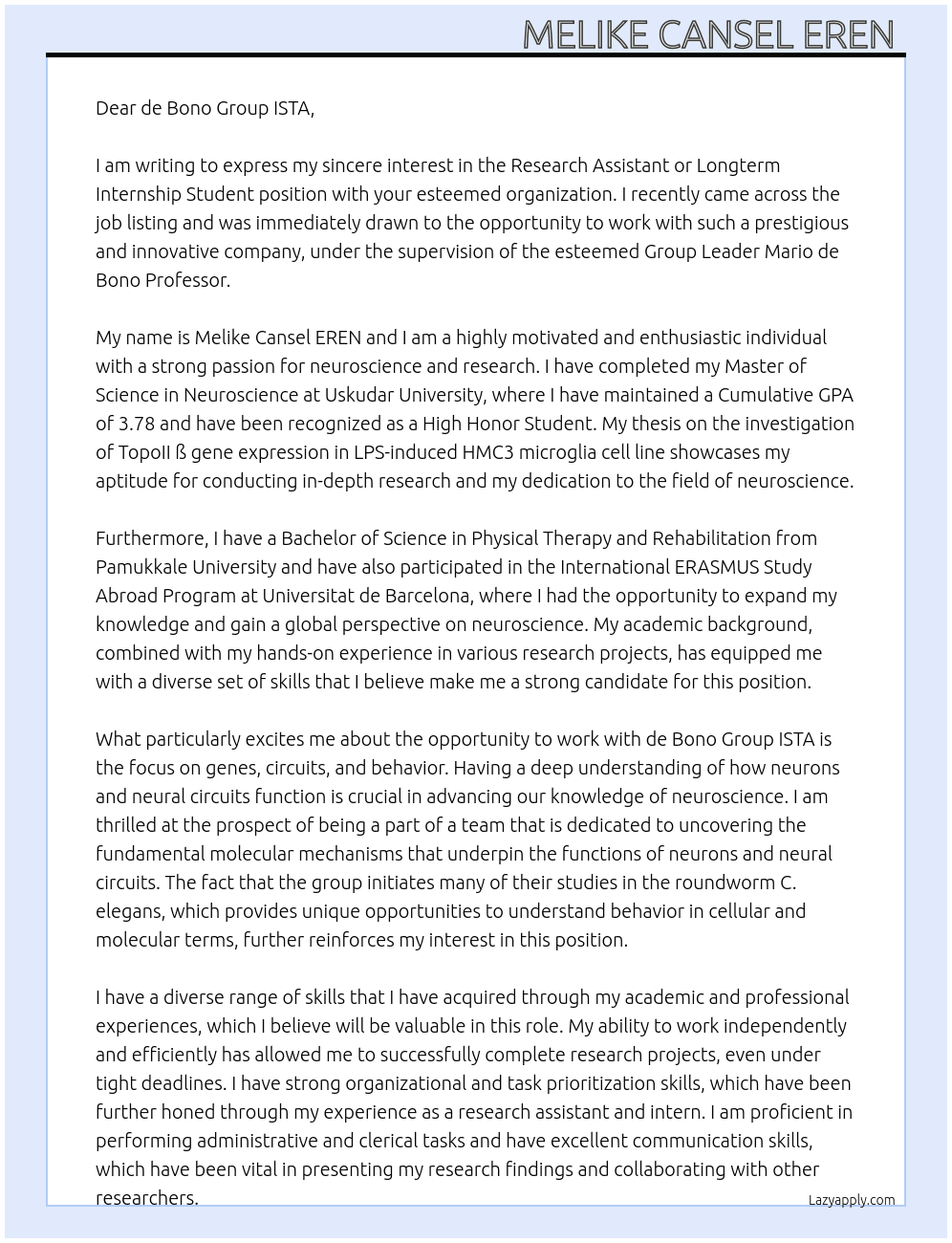 Research Assistant or Longterm Intership Student At de Bono Group ISTA Cover Letter