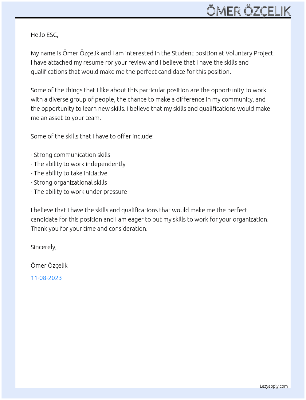 Student At Voluntary Project Cover Letter