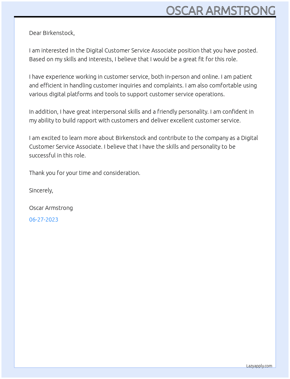 Digital Customer Service Associate At Birkenstock Cover Letter