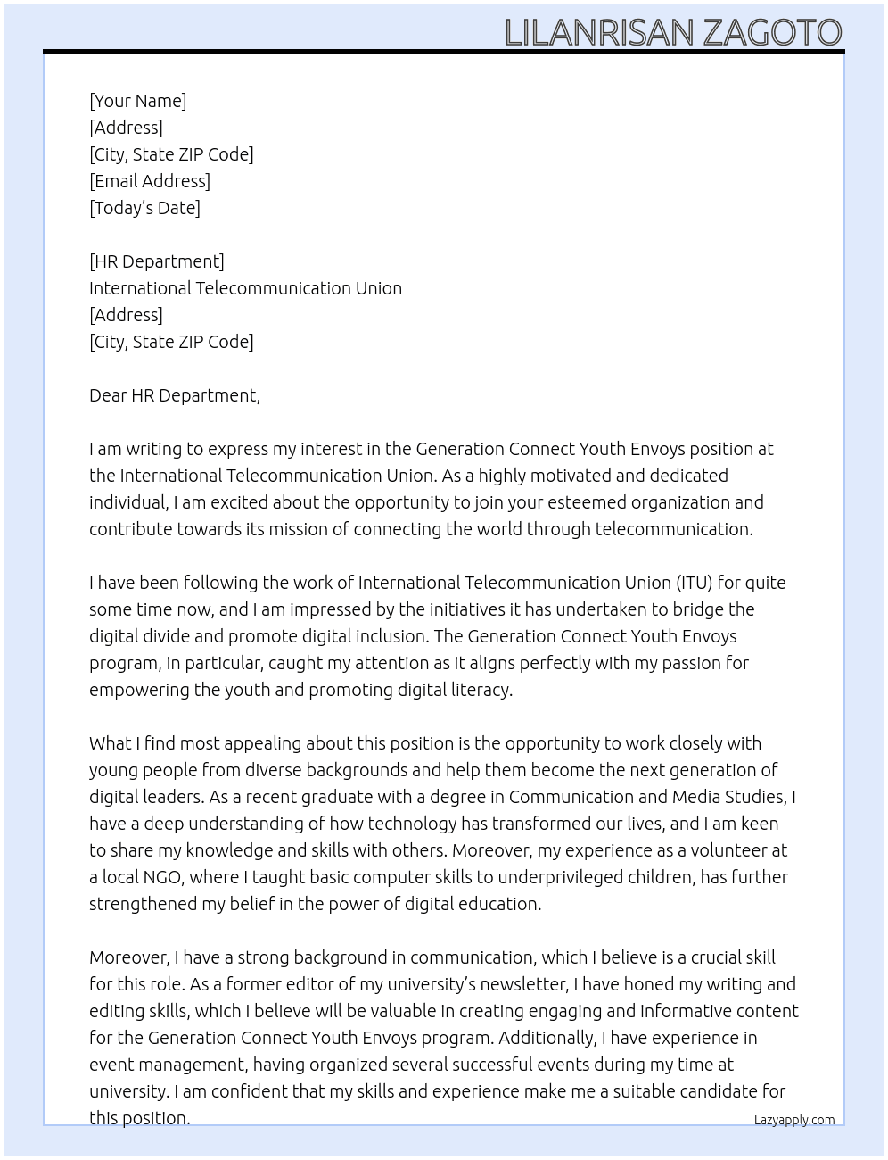 Generation Connect Youth Envoys At International Telecommunication Union Cover Letter