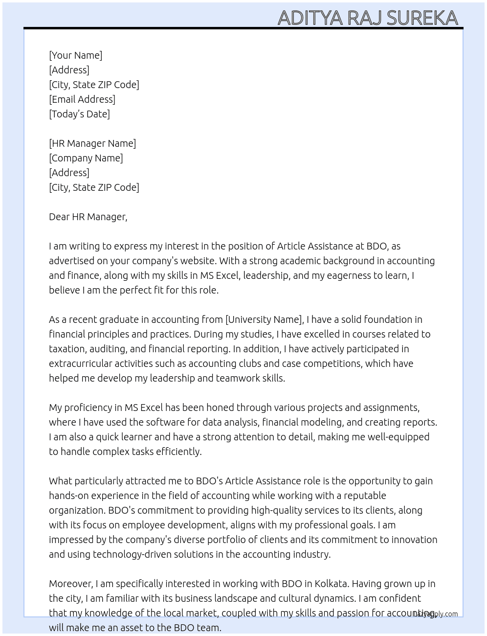 Article Assistance  At BDO Cover Letter