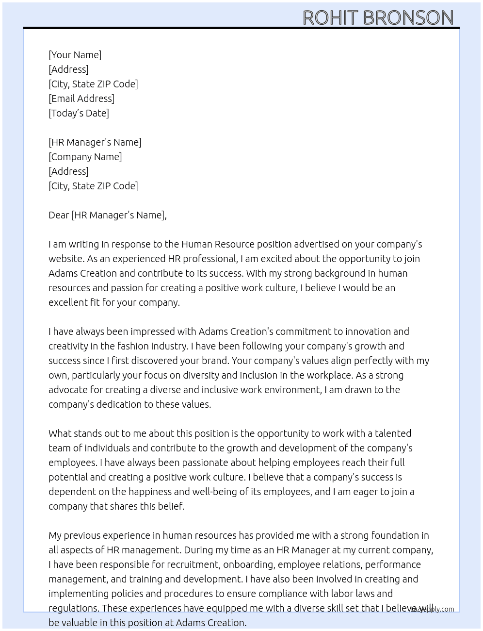 Human Resource At Adams creation  Cover Letter