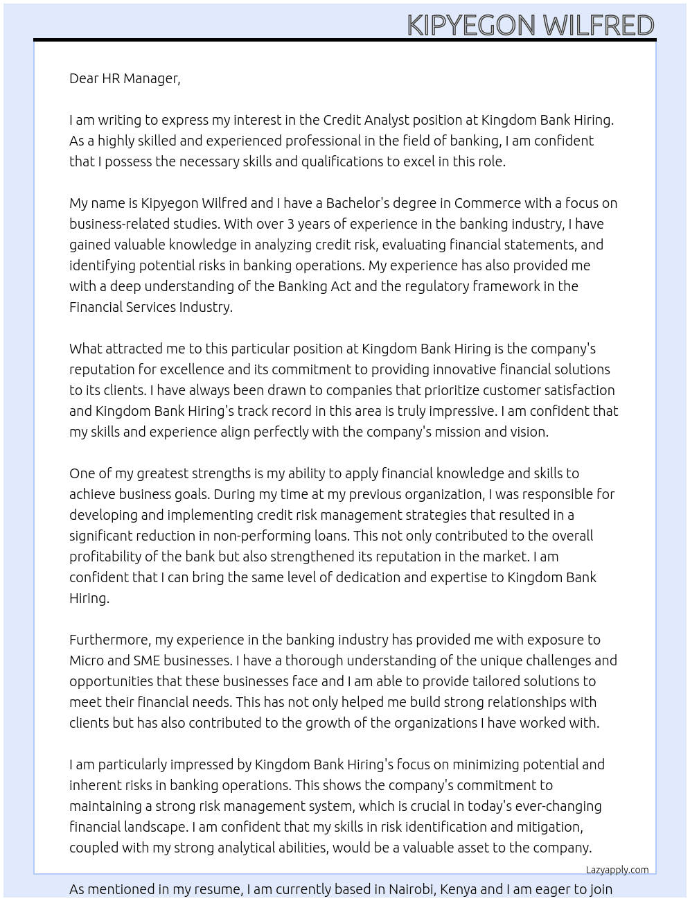 credit analyst At Kingdom Bank Hiring Cover Letter
