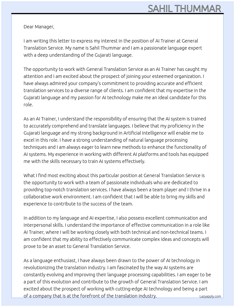 AI Trainer At General Translation Service  Cover Letter