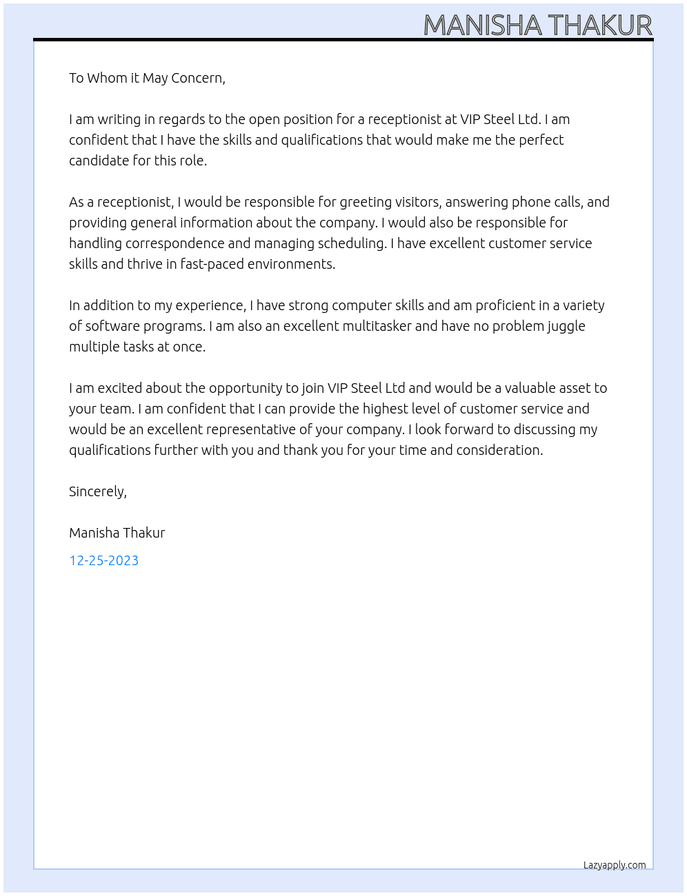receptionist At VIP steel Ltd Cover Letter