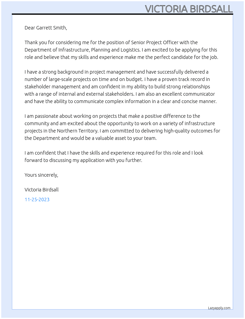 Senior Project Officer At Department of Infrastructure, Planning and Logistics Cover Letter