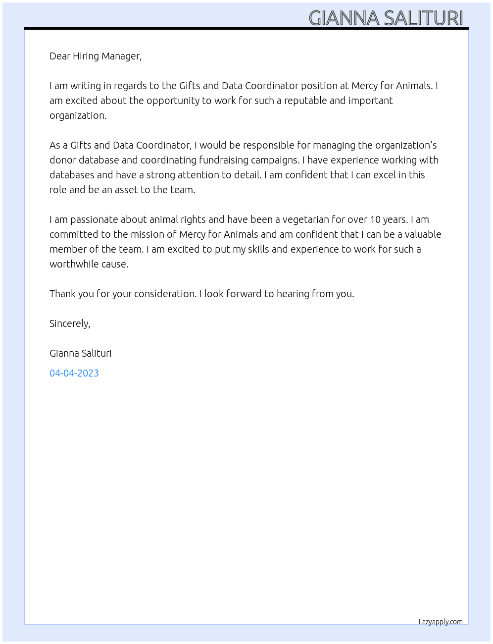 Gifts and Data Coordinator  At Mercy for Animals  Cover Letter