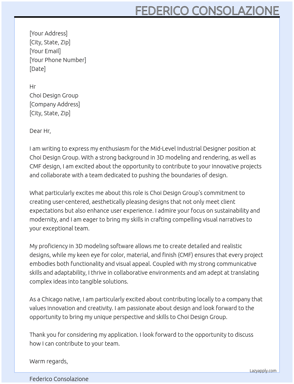 Cover letter for mid-level industrial designer - LazyApply