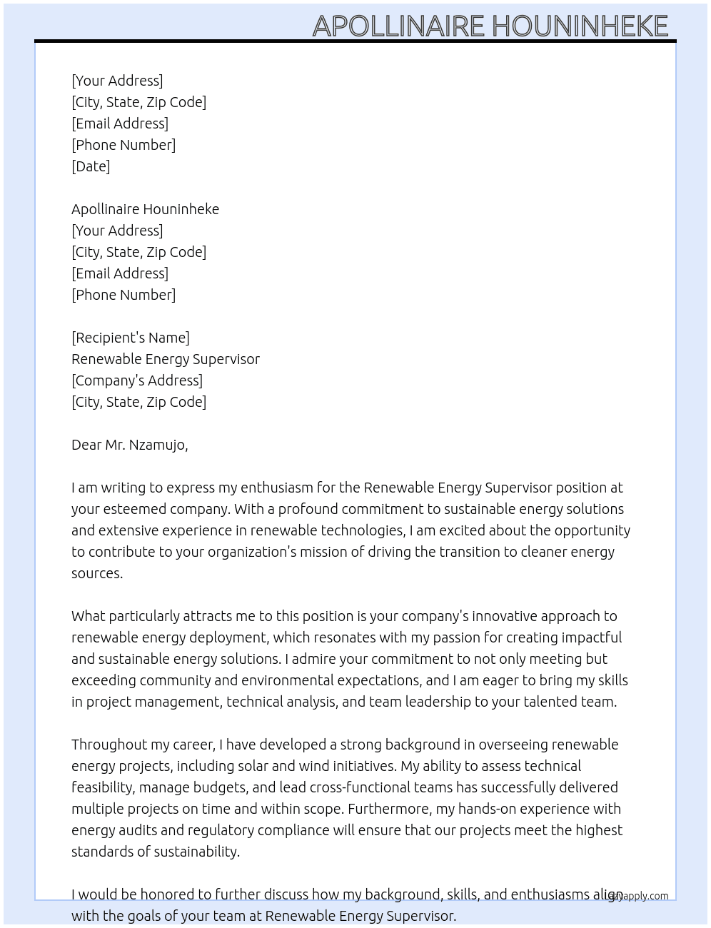 Cover letter for renewable energy supervisor - LazyApply