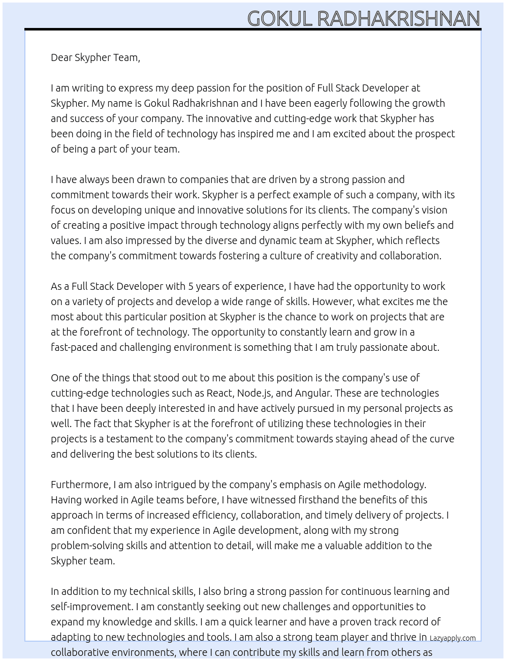 Full Stack Developer At Skypher Cover Letter