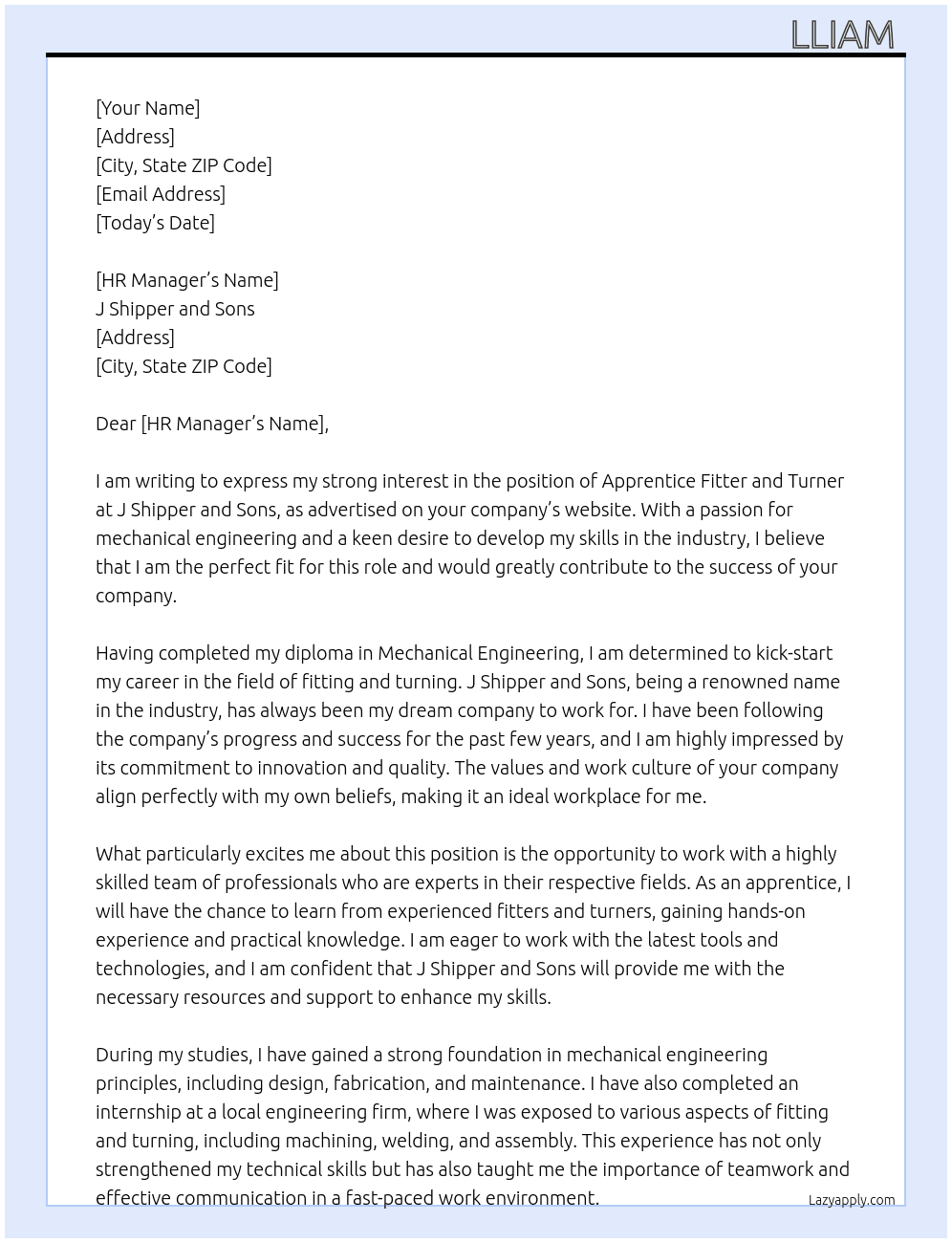 Apprentice fitter and turner At J shipper and sons  Cover Letter