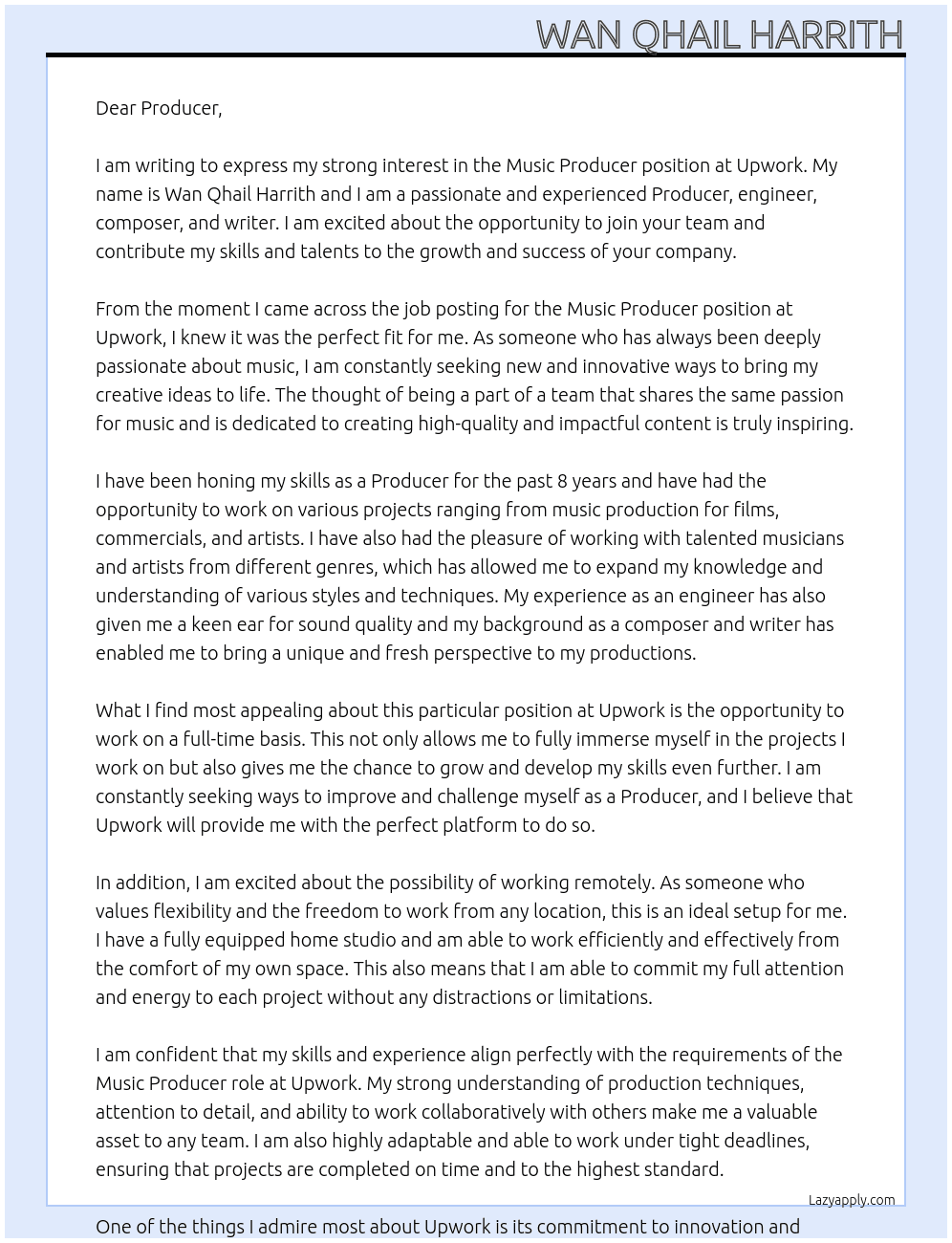 Music Producer At Upwork Cover Letter