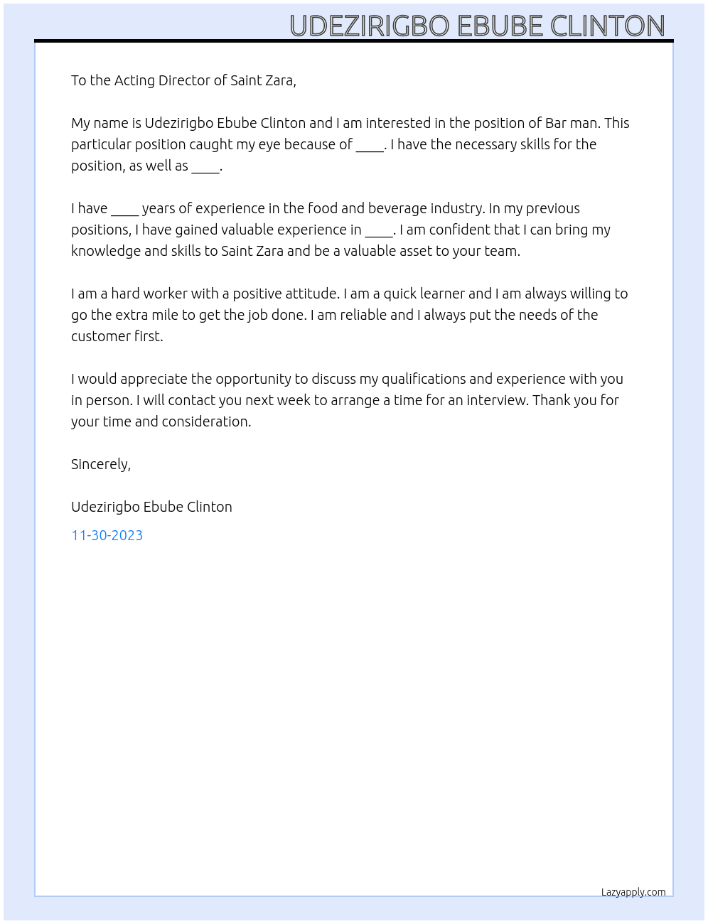 Bar man At Saint Zara  Cover Letter