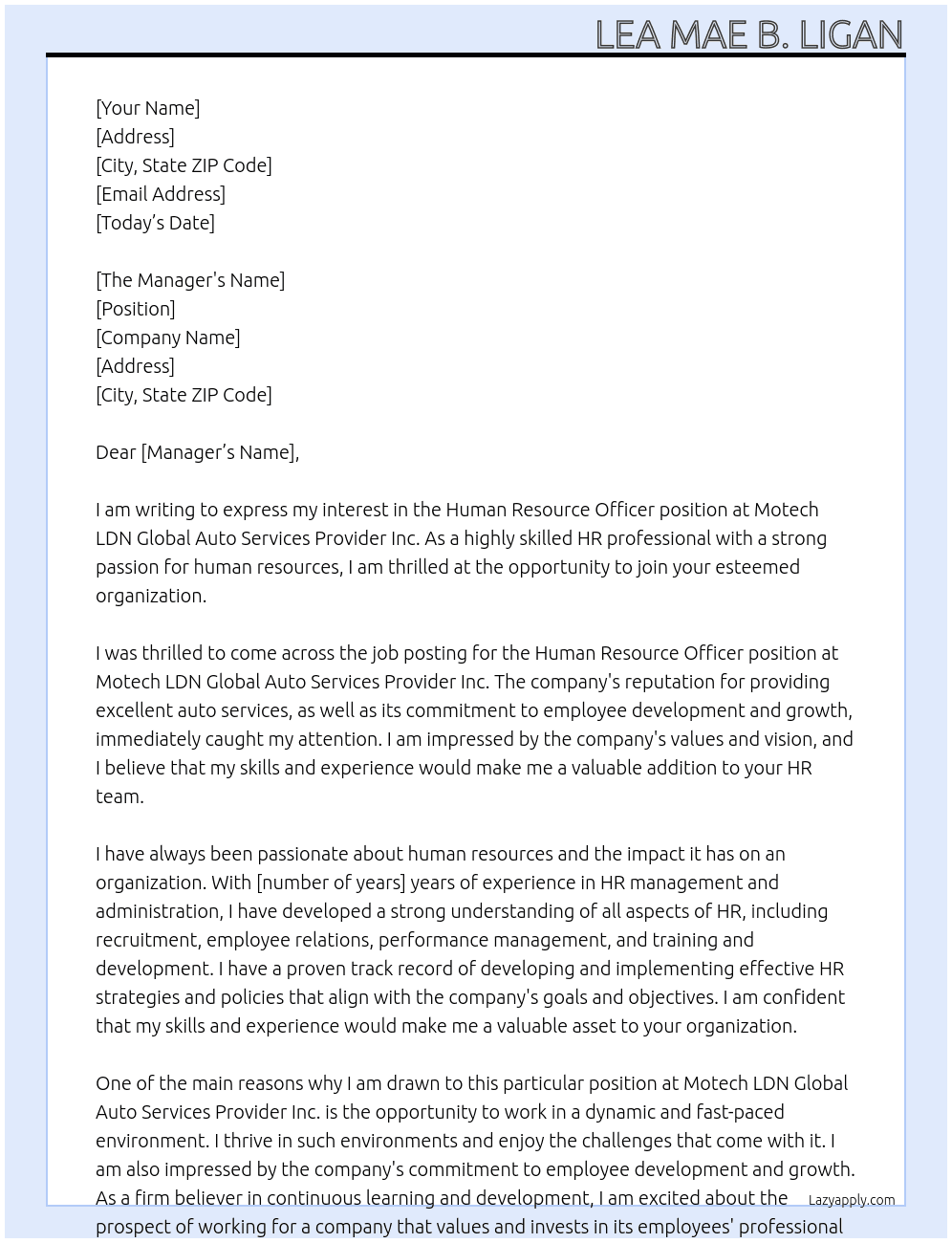 Human Resource Officer At Motech LDN Global Auto Services Provider Inc. Cover Letter