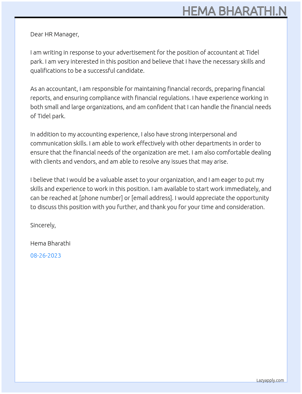 Accountant At Tidel park Cover Letter