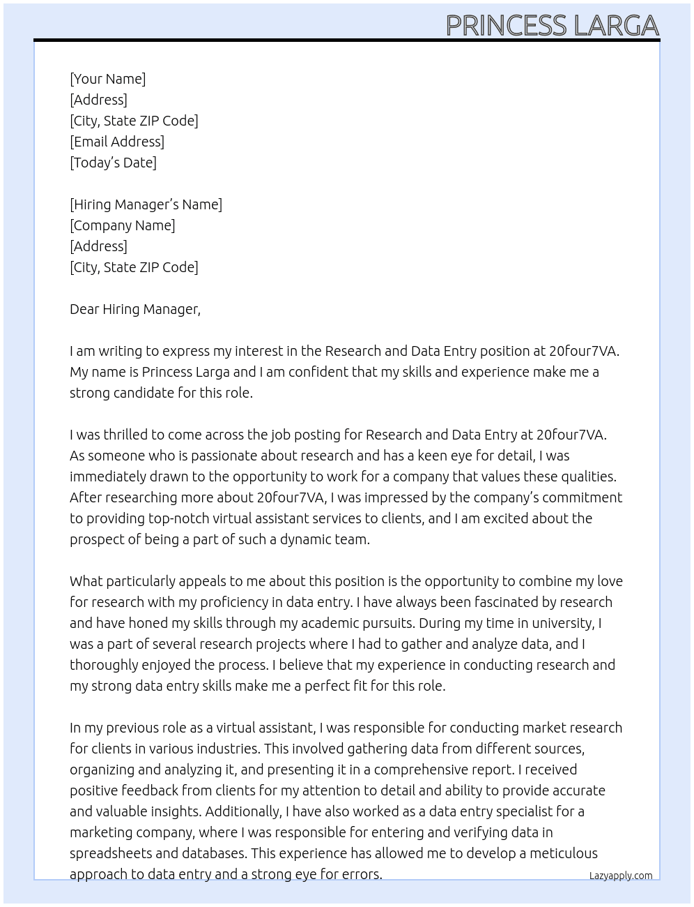 Cover letter for research and data entry - LazyApply