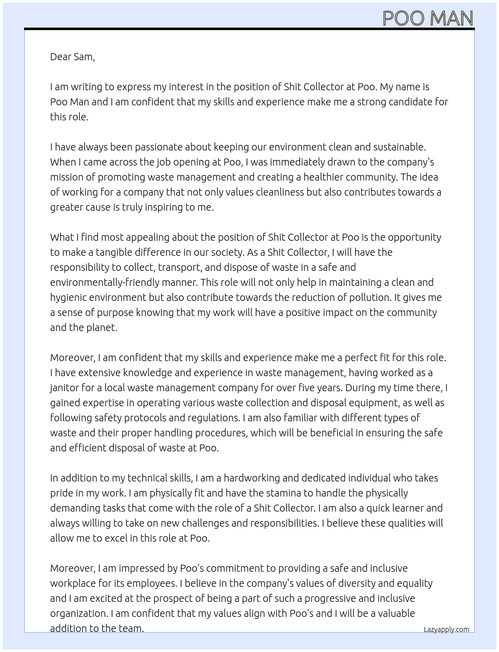 shit collector At poo Cover Letter
