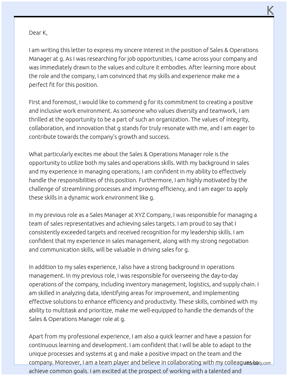 Sales & Operations Manager At g Cover Letter