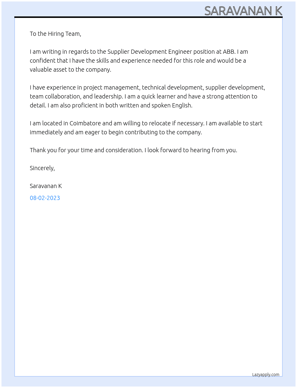 Supplier Development Engineer At ABB Cover Letter