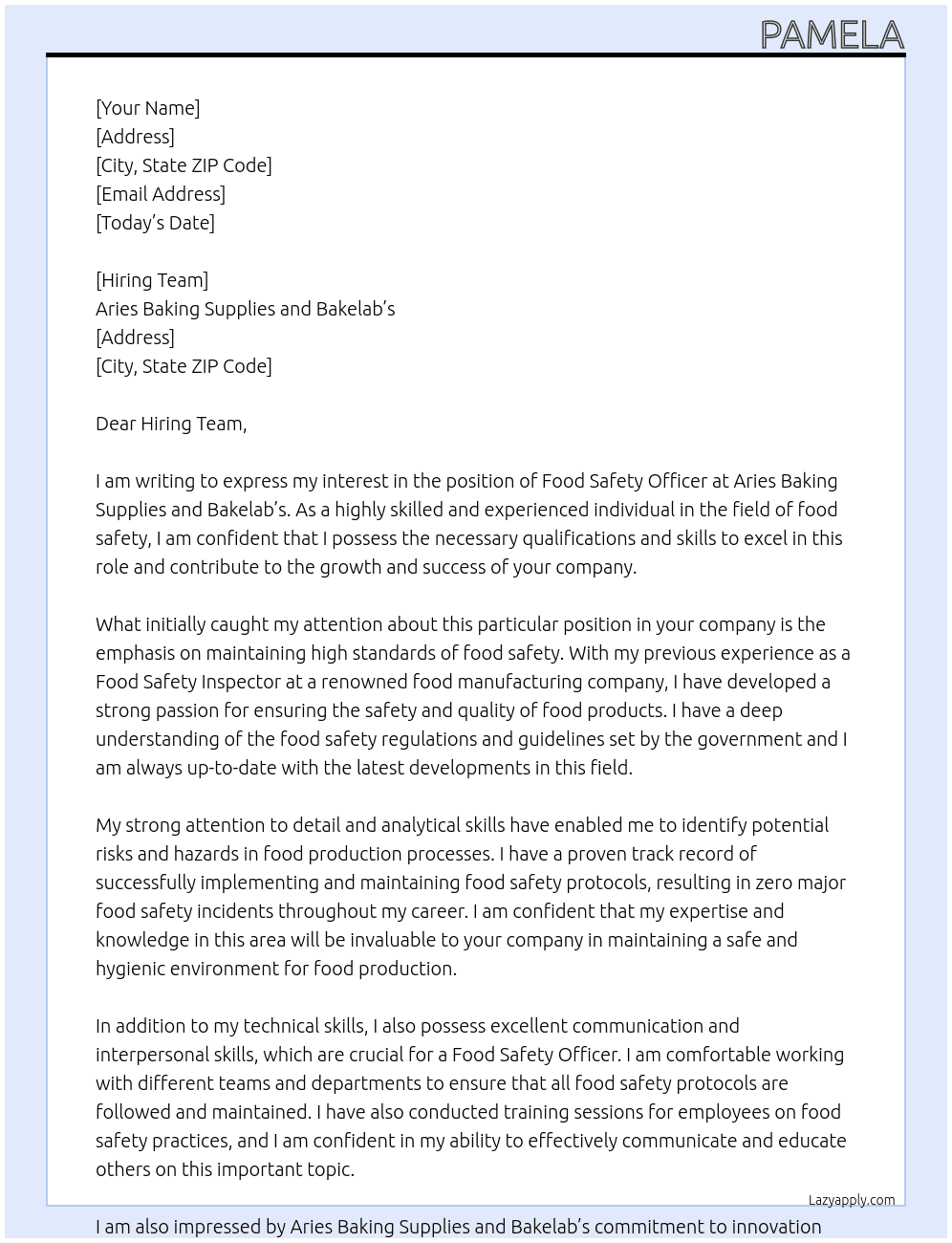 Food safety officer At Aries Baking Supplies and Bakelab’s Cover Letter