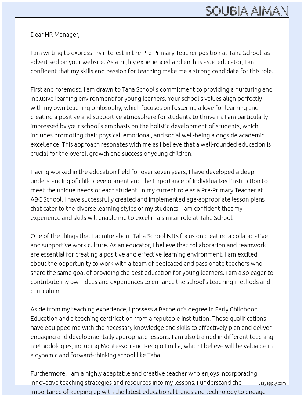 Pre-Primary Teacher  At Taha School  Cover Letter