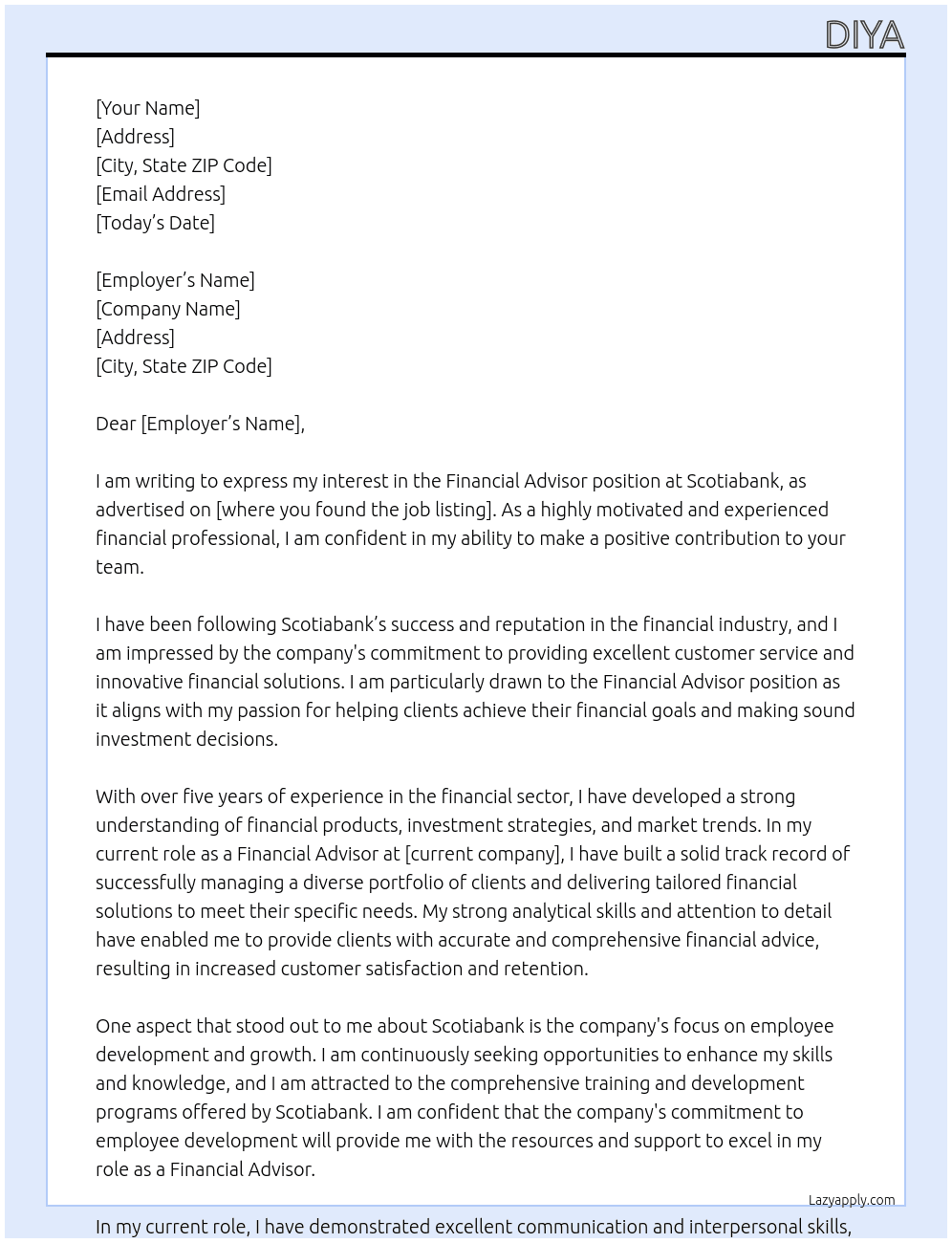 Financial advisor At Scotiabank Cover Letter