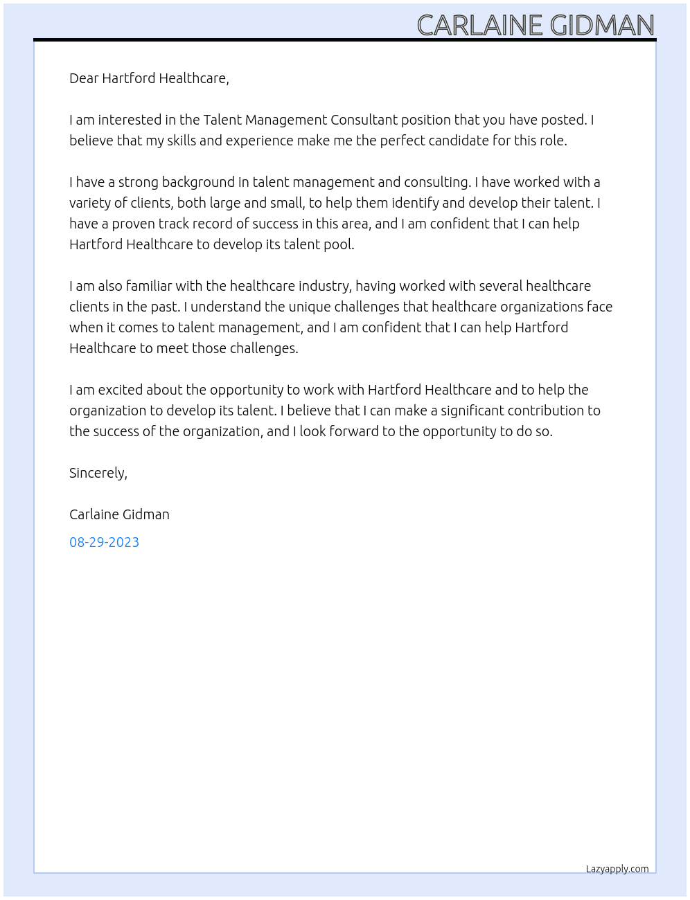 Talent Management Consultant At Hartford Healthcare Cover Letter