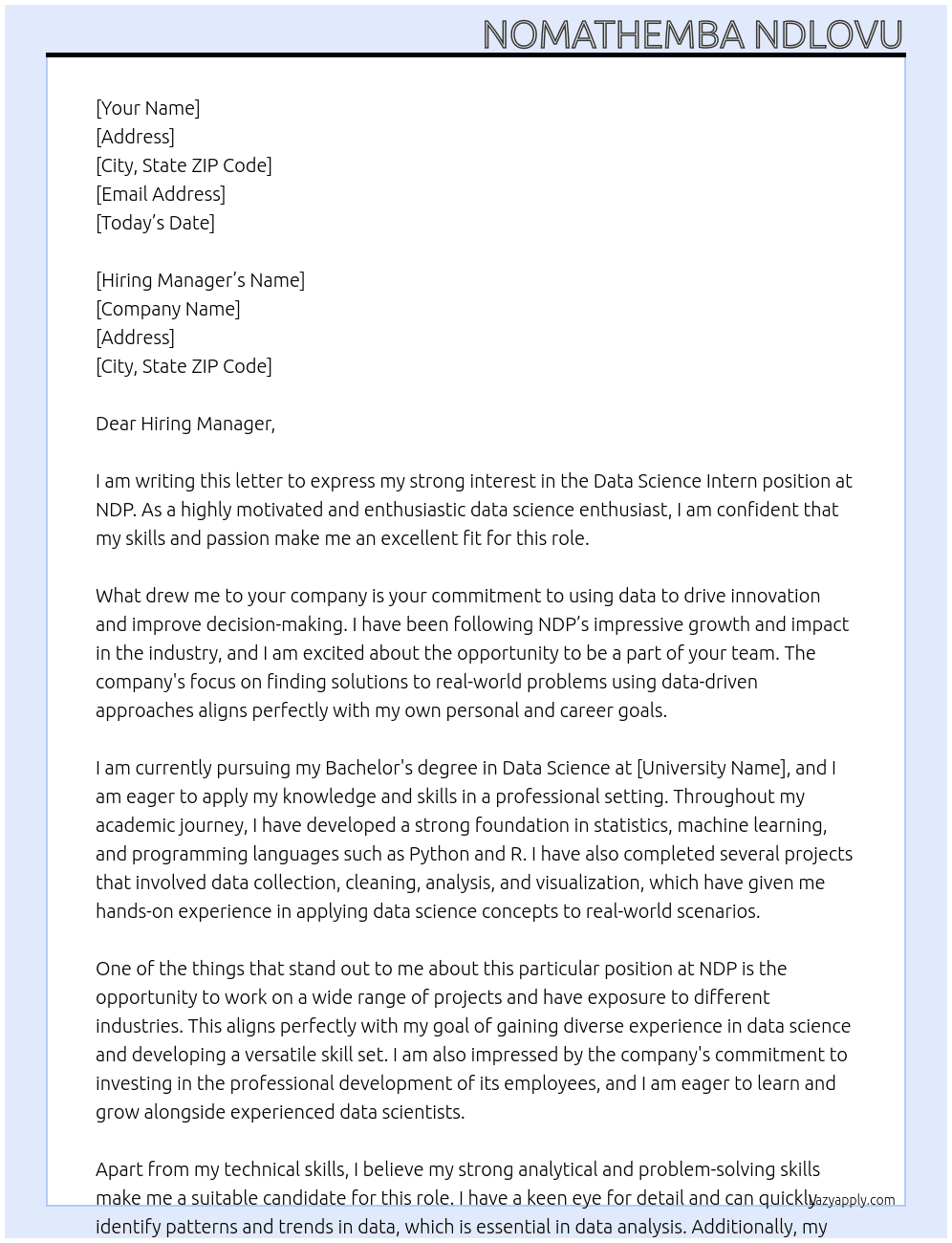 Data Science  Intern At NDP Cover Letter