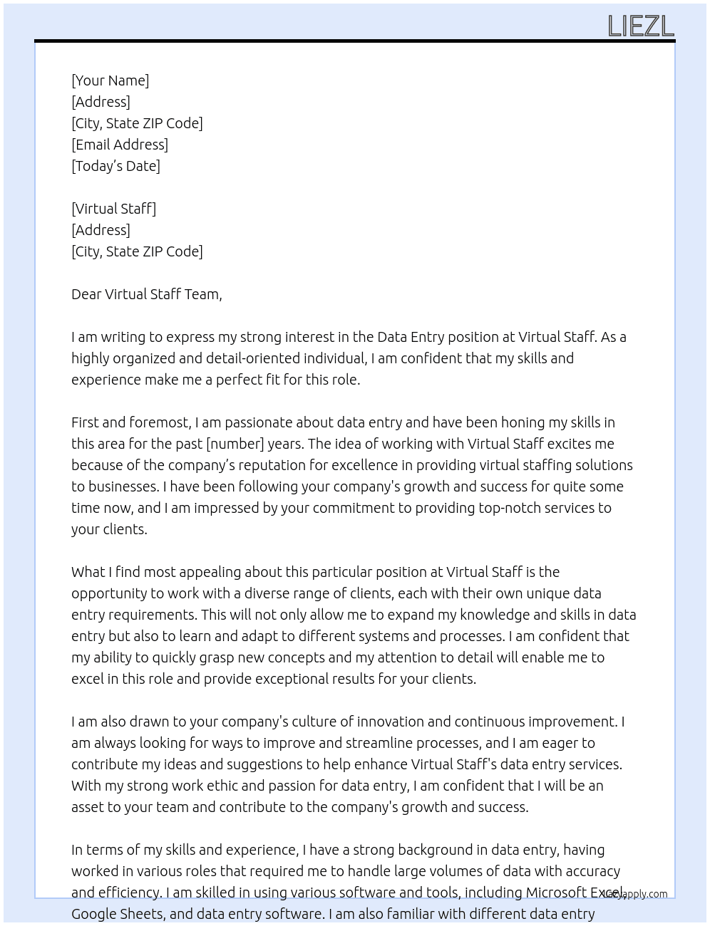 data entry At virtual staff Cover Letter