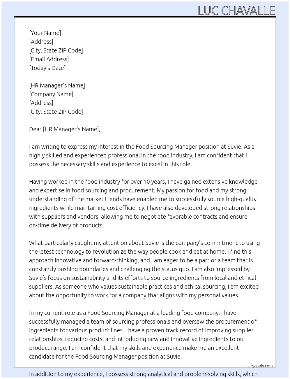 Food Sourcing Manager At Suvie Cover Letter