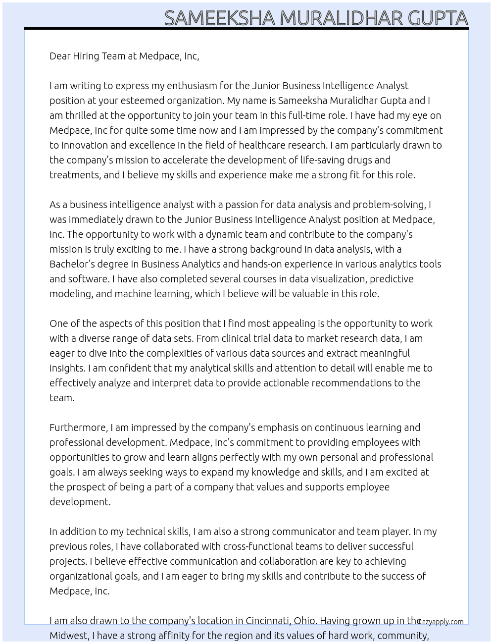 Junior Business Intelligence Analyst At Medpace, Inc Cover Letter