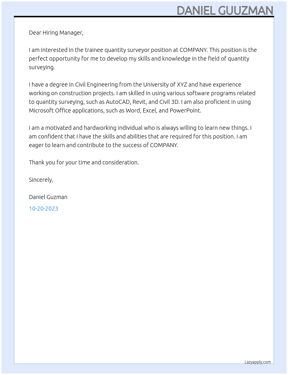 Trainee Quantity Surveyor At COMPANY Cover Letter