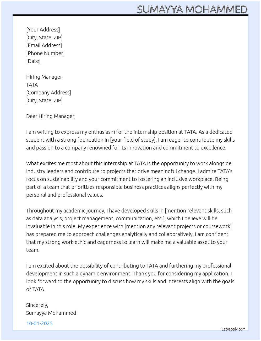Cover letter for internship at tata - LazyApply